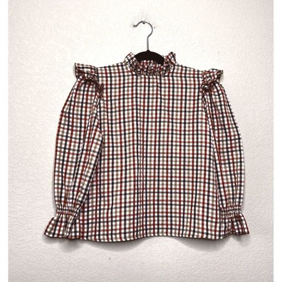 Mi Pequeña Tribu Red Checked Plaid Ruffle Long Sleeve Top Size 10 - Picture 2 of 7